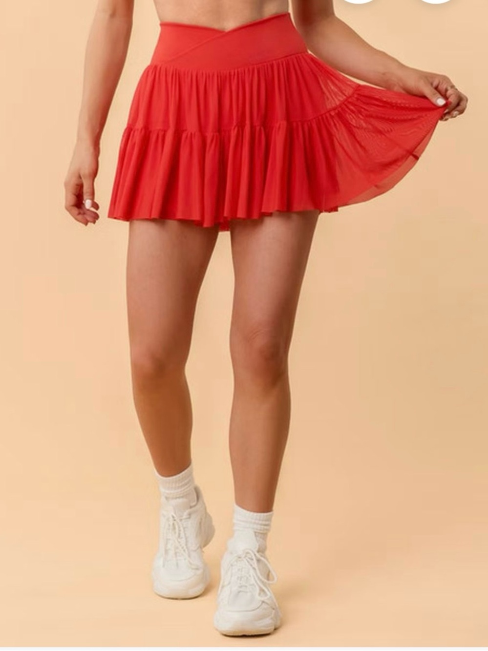 Blogilates Red Tiered Mesh Athletic Skort Built-In Shorts Pockets NWOT Size M